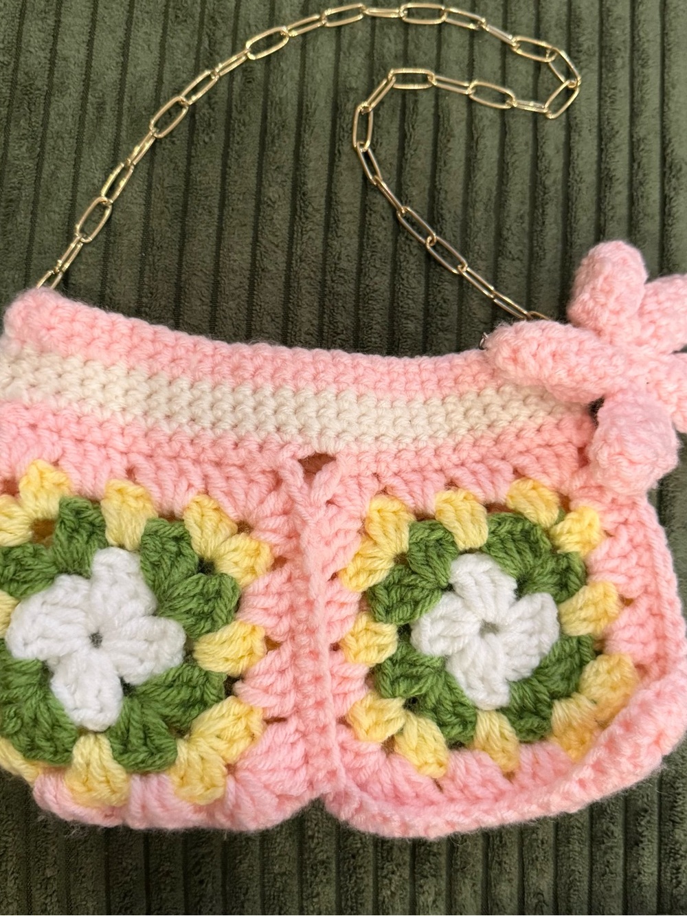 Handmade Crocheted Granny Square Purse Pink Green Gold Chain with Flower Charm